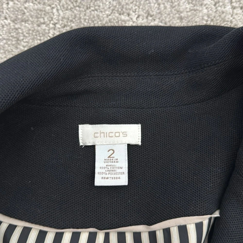 Chico’s knit pique black blazer enamel button gold tone hardware career workwear